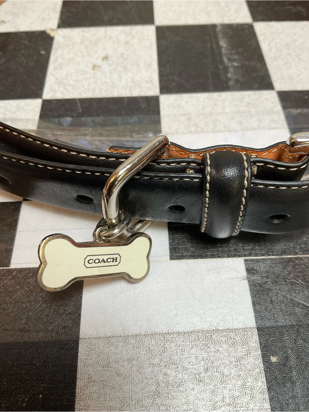 Coach Black Leather Dog Collar with Bone Charm